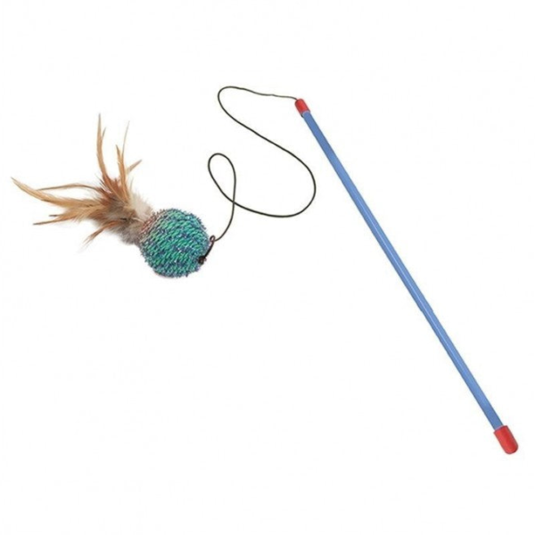 Caña para gatos con pelota brillante y plumas